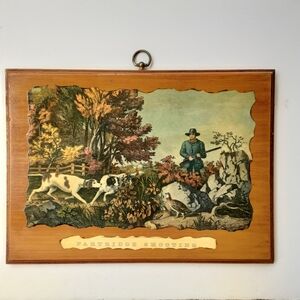 Vintage Wood Mounted "Partridge Shooting" Currier & Ives Color Art Print Rustic